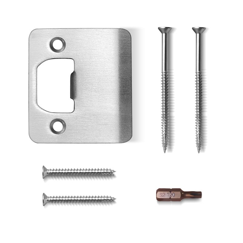 MOSECYOU Extended Strike Plate 2"" x 2-1/4"", Heavy Duty Version with Reinforced Torx/Star Screws & Bit, Extender Lip Door Latch Striker, Exterior/Interior Door Restorer Kit (Satin Nickel, 1 Pack) - Image 1